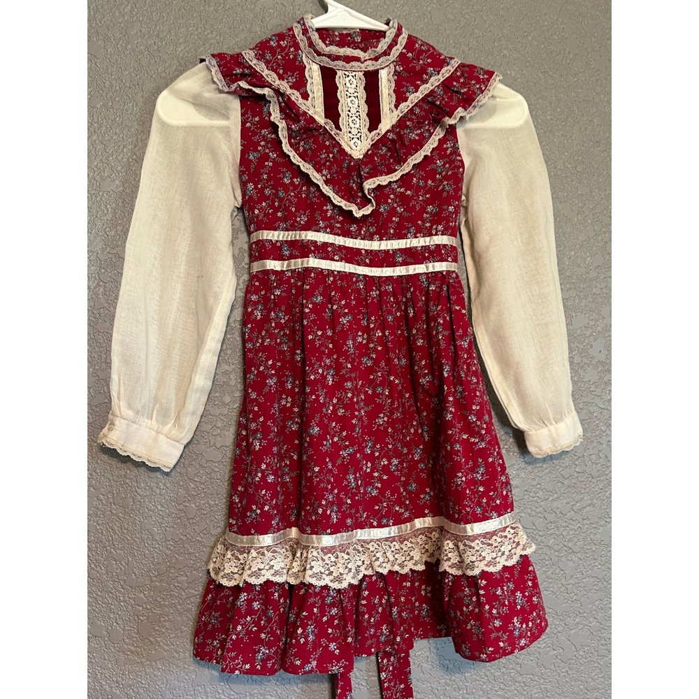 Vintage Gunne Sax Girls Dress 6X Burgundy Floral Lace Prairie Victorian Red